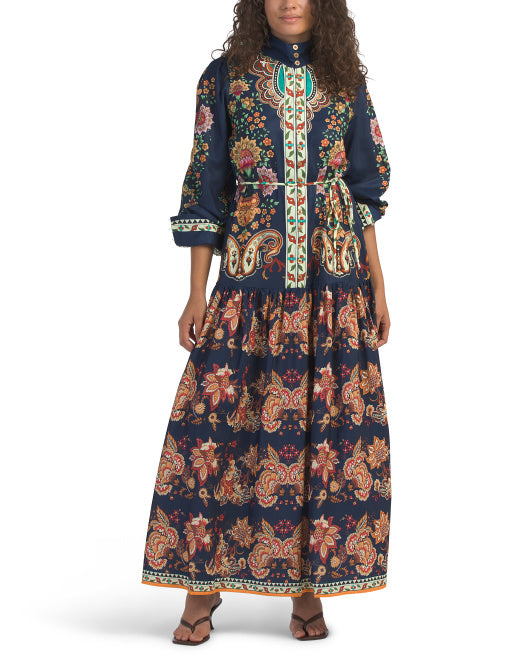 DALIA MACPHEE Long Sleeve Mock Neck Paisley Print Maxi Dress