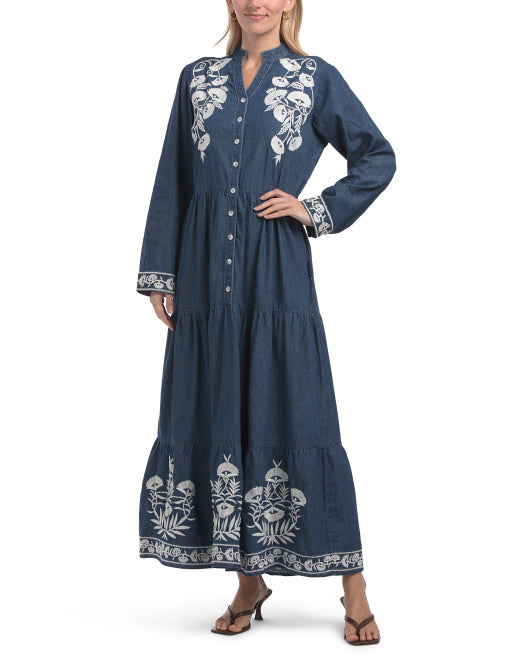 SOLITAIRE Long Sleeve Floral Embroidered Denim Dress