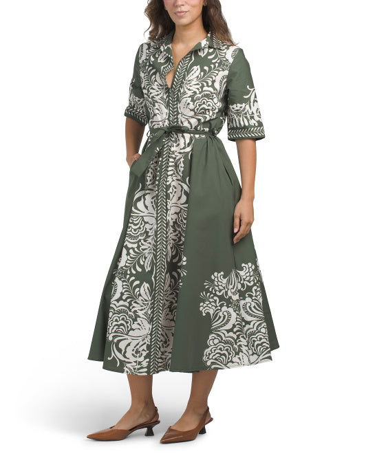 SPIGHE DI LINO Made In Italy Three-quarter Sleeve Border Print Maxi Dress With Belt