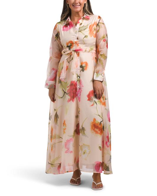 DALIA MACPHEE Long Sleeve Belted Floral Maxi Dress