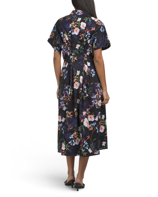 NICOLE MILLER Cotton Blend Pintuck Waist Botanical Midi Dress