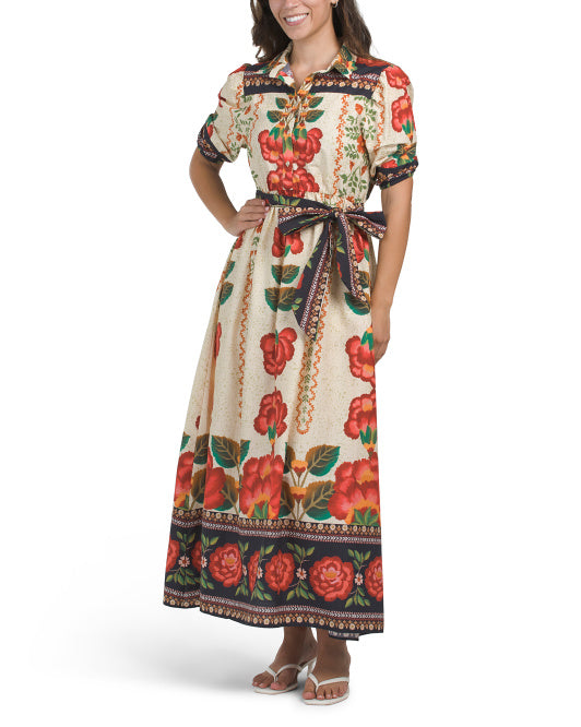 CELINA MOON Short Sleeve Floral Maxi Dress With Belt