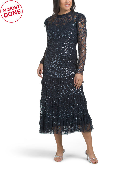 MAC DUGGAL Long Sleeve Beaded Tea Length Dress