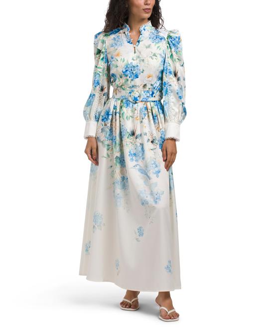 DALIA MACPHEE Long Sleeve Floral Maxi Dress With Belt