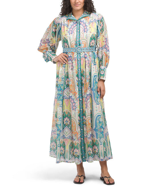 DALIA MACPHEE Long Sleeve Floral Maxi Dress With Belt