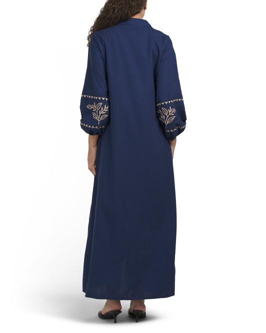 SOLITAIRE Linen Blend Long Sleeve Floral Embroidered Maxi Shirt Dress