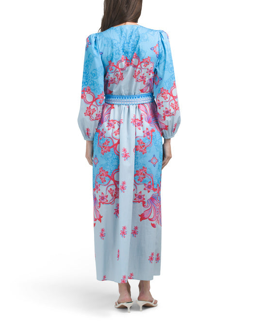 CELINA MOON Long Sleeve Belted Color Blocked Maxi Shirt Dress