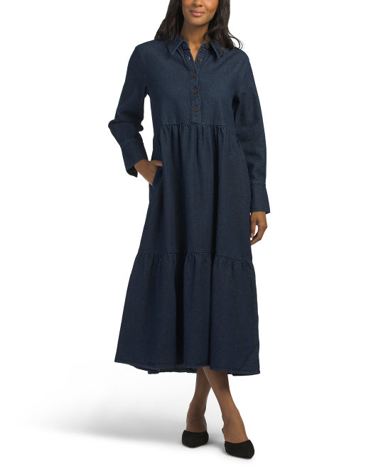 LEA Long Sleeve Denim Maxi Dress