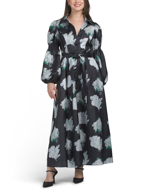 NANCY YANG Puff Sleeve Button Down Dress