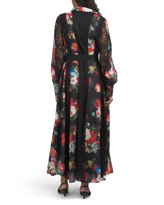 DALIA MACPHEE Long Sleeve Floral Lace Trim Maxi Dress With Belt