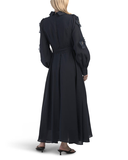 DALIA MACPHEE Long Sleeve Floral Applique Maxi Dress  thefrumshopper