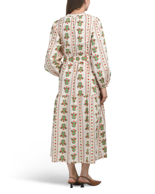 LEA Long Sleeve Floral Print Maxi Dress With Tie Waist