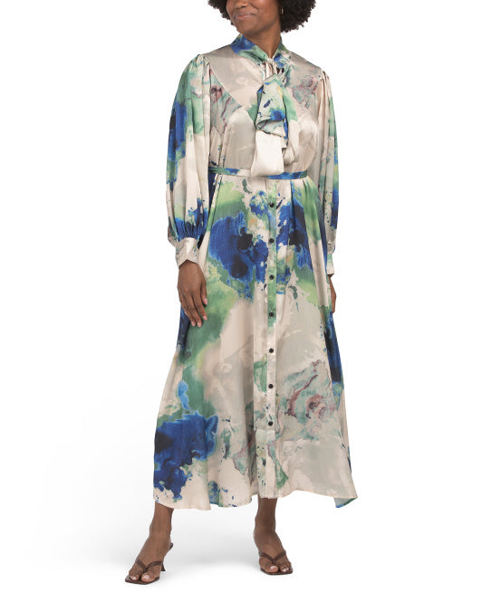 DALIA MACPHEE Long Sleeve Marble Printed Tie Neck Maxi Dress