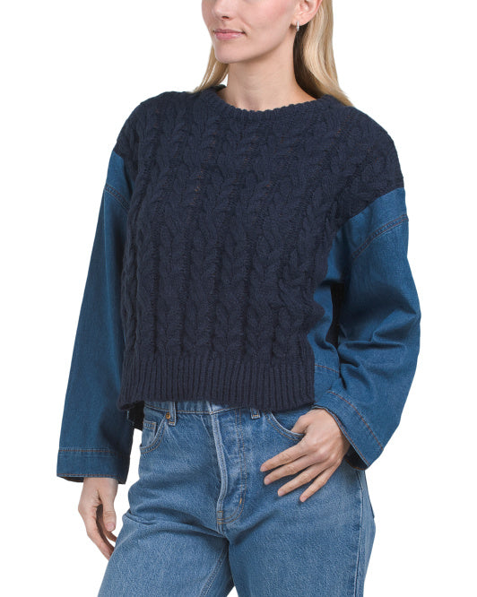 COCOBLEU Denim And Cable Knit Sweater