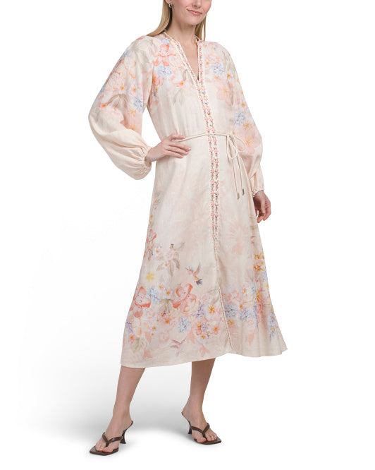 CALYPSO ST. BARTH Linen Blend Printed Long Sleeve Maxi Dress With Rope Belt