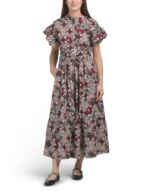 LEA Short Sleeve Ruffle Collar Maxi Dress