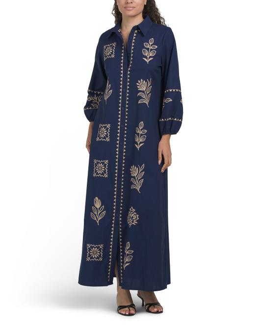 SOLITAIRE Linen Blend Long Sleeve Floral Embroidered Maxi Shirt Dress
