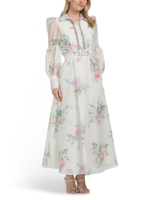DALIA MACPHEE Long Sleeve Floral Maxi Dress With Embellishment