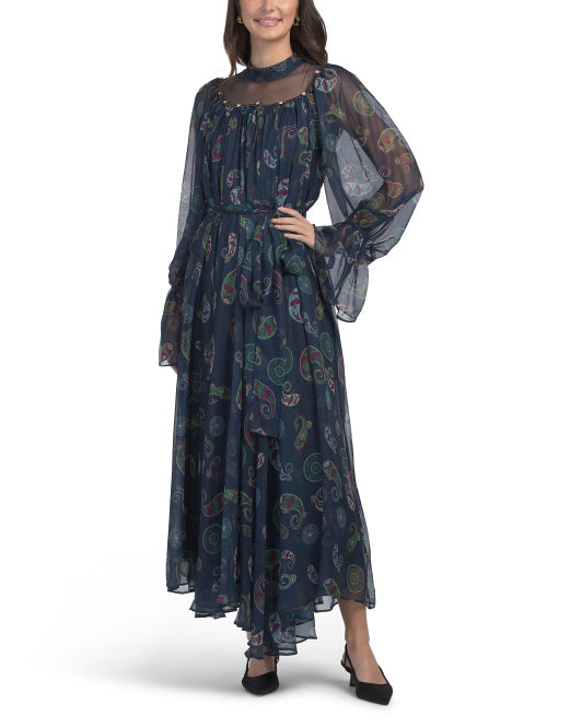 NANCY YANG Beaded Neck Chiffon Paisley Maxi Dress
