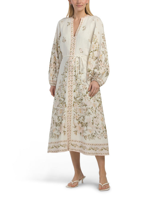 CALYPSO ST. BARTH Linen Blend Printed Long Sleeve Maxi Dress With Rope Belt