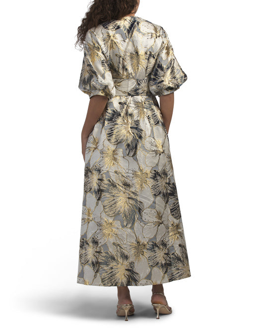NANCY YANG Jacquard Long Sleeve Button Down Gown