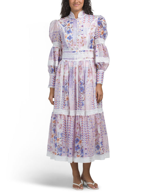 DALIA MACPHEE Long Sleeve Floral Lace Trim Maxi Dress