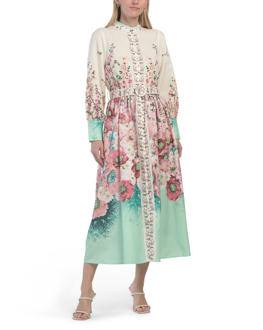 NANCY YANG Stand Collar Floral Dress With Belt