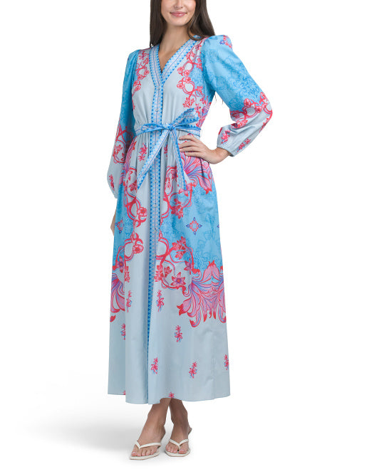 CELINA MOON Long Sleeve Belted Color Blocked Maxi Shirt Dress
