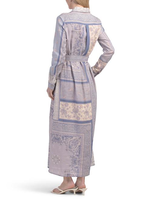 MAGASCHONI Linen Blend Long Sleeve Button Down Shirt Dress With Novelty Belt