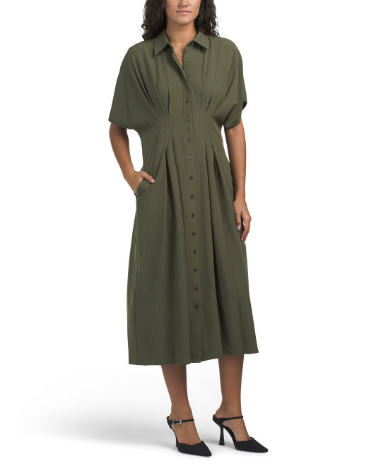 NICOLE MILLER Collared Pinstripe Midi Dress