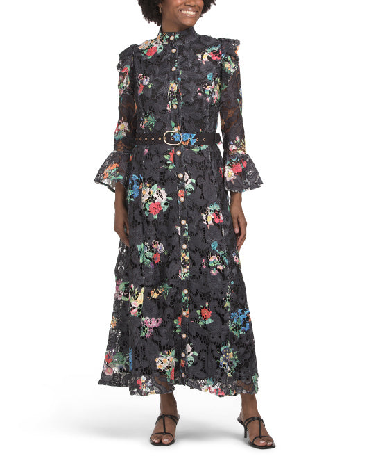 DALIA MACPHEE Long Sleeve Floral Lace Maxi Dress With Belt