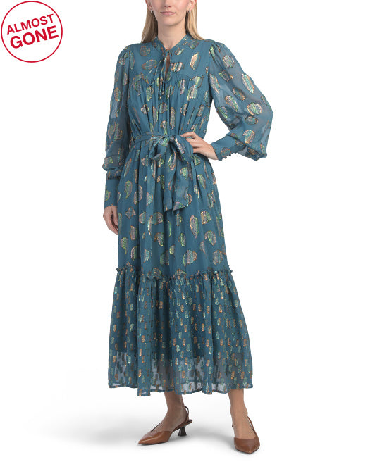 CIEBON Eryn Mixed Metallic Button Cuff Maxi Dress