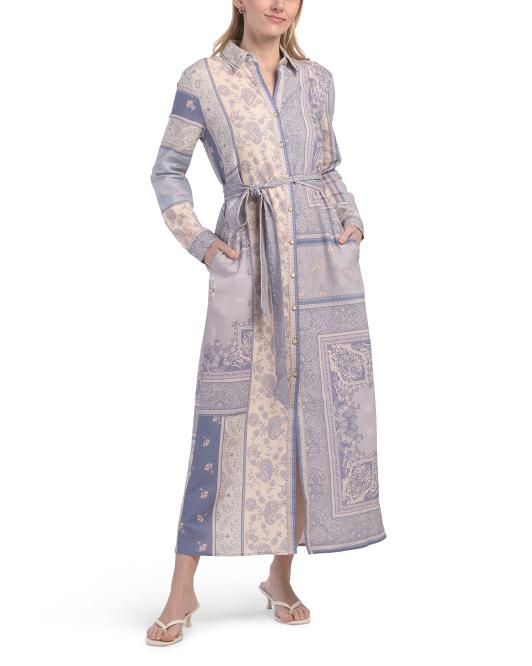 MAGASCHONI Linen Blend Long Sleeve Button Down Shirt Dress With Novelty Belt