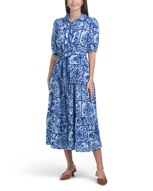 LEA Short Sleeve Tile Print Maxi Dress