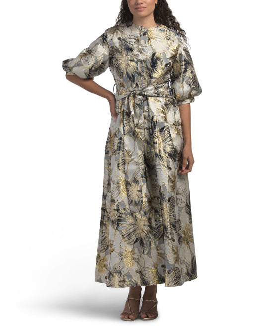 NANCY YANG Jacquard Long Sleeve Button Down Gown
