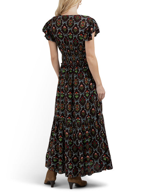 LEA Flutter Sleeve Floral Print Maxi Dress