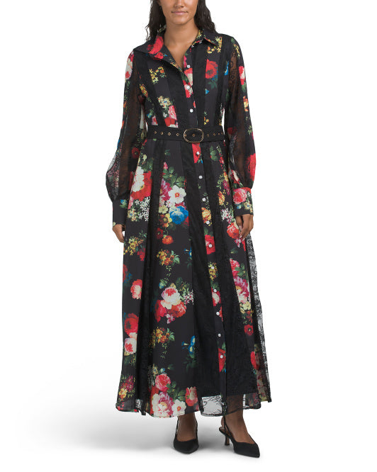 DALIA MACPHEE Long Sleeve Floral Lace Trim Maxi Dress With Belt