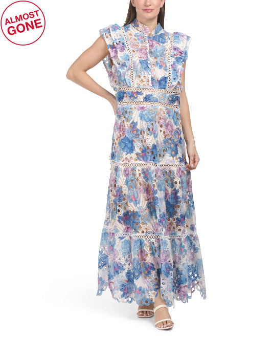 DALIA MACPHEE Printed Eyelet Ruffle Sleeve Maxi Dress