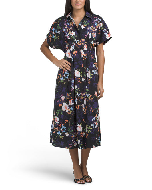NICOLE MILLER Cotton Blend Pintuck Waist Botanical Midi Dress