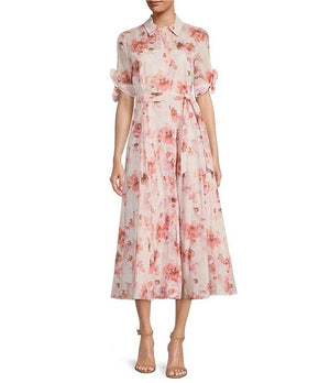 Color:Blush Multi - Image 1 - Floral Print Short Tie Sleeve Collared Neck Tie Waist Midi Dress