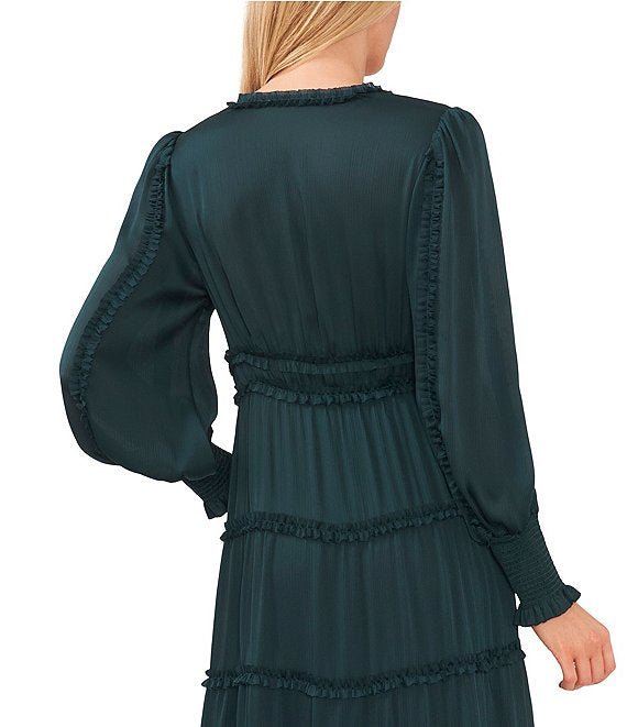 Color:Ponderosa Pine - Image 4 - Plisse Satin Ruffle Deep V-Neck Long Smocked Cuff Sleeve Tiered Maxi Dress