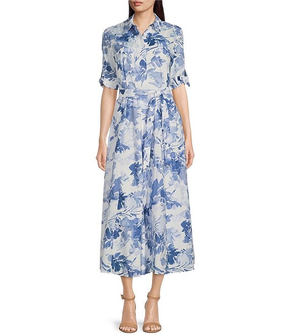 Color:Chambray Multi - Image 1 - Floral Print Short Tie Sleeve Collared Neck Tie Waist Midi Dress