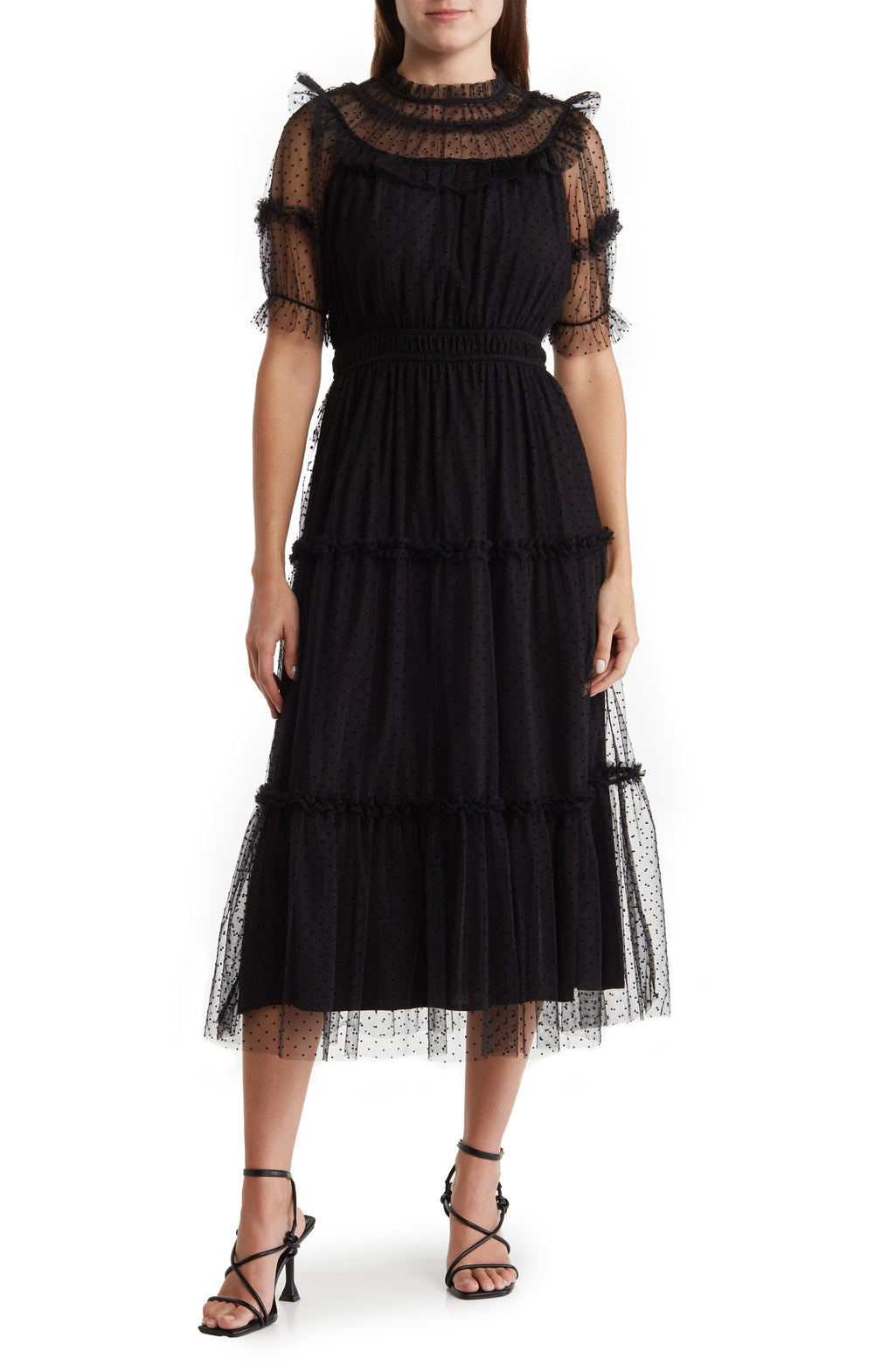 Lush Tulle Tiered Midi Dress, Main, color, BLACK