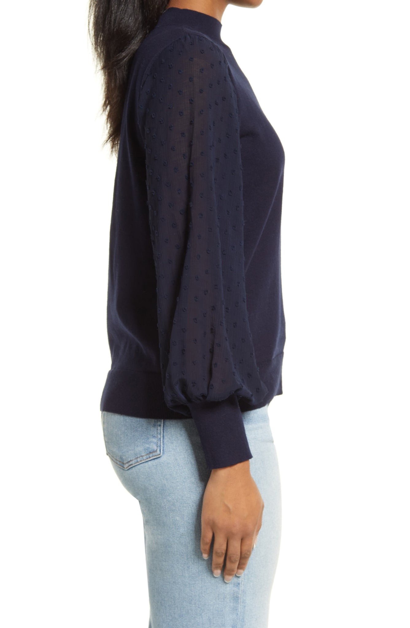 CECE Clip Dot Sleeve Sweater, Main, color, NAVY BLUE