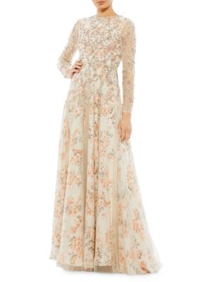 Mac Duggal
 Floral-Print Beaded Mesh Gown