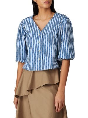 Tory Burch
 Gemini Striped Puff-Sleeve Cropped Shirt