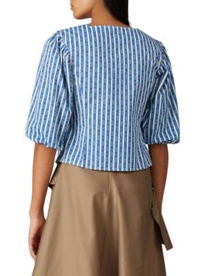 Tory Burch
 Gemini Striped Puff-Sleeve Cropped Shirt