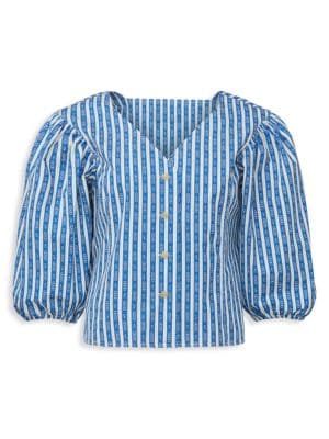 Tory Burch
 Gemini Striped Puff-Sleeve Cropped Shirt