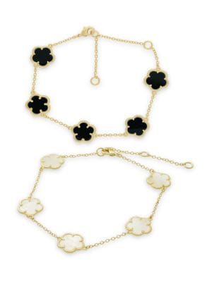 JanKuo
 Flower 2-Piece 14K Goldplated, Mother Of Pearl & Oynx Bracelet Set