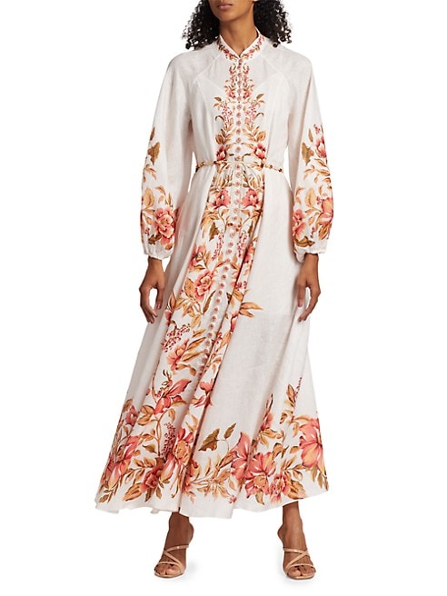 Belted Floral Linen Maxi Dress